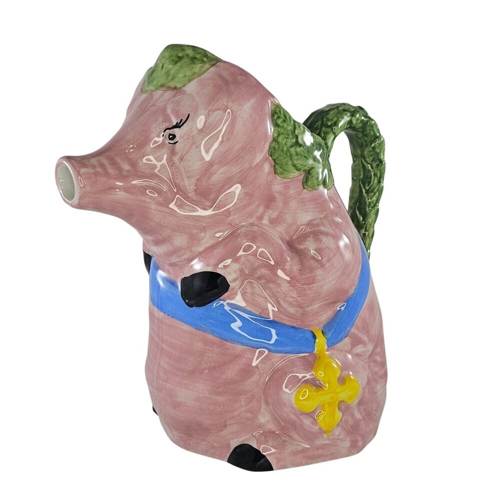 Vintage Williams Sonoma Costa Italy Ceramic Pig Pitcher Hand-Painted Pink Green
